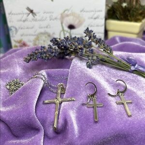 Silver Cross Necklace and Earring Set #EA14